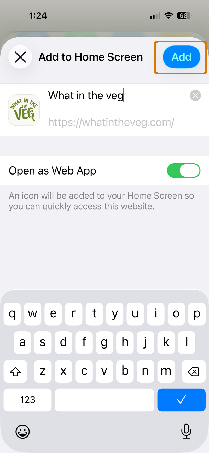 Add to Home Screen dialog with the Add button highlighted